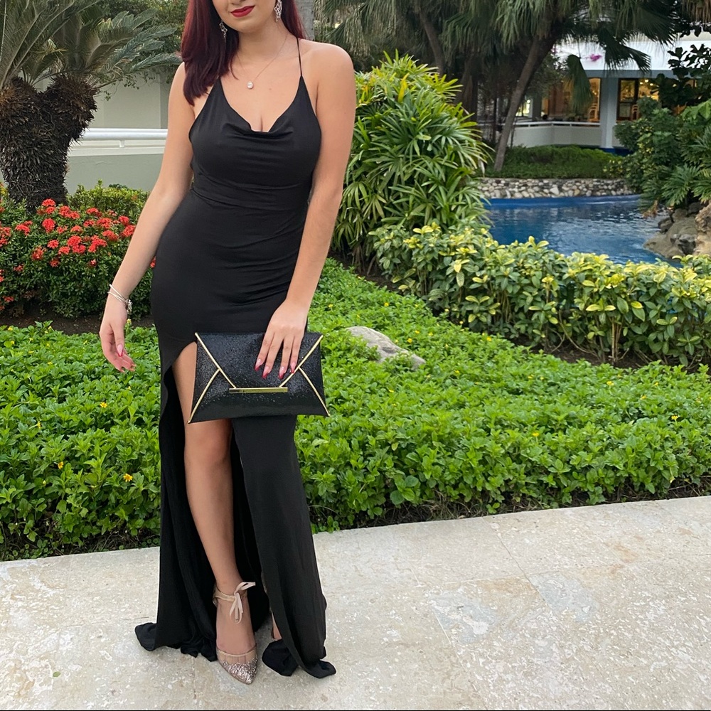Black, backless, high slit dress